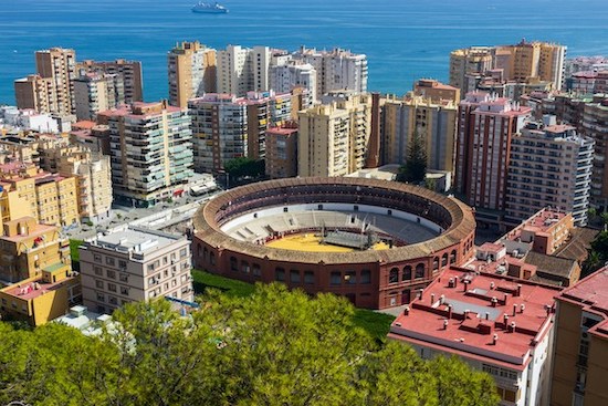 A view of the bull ring in Malaga from the sky