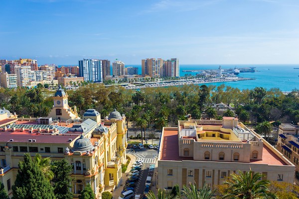 Panaromic view of the city of Malaga from the top of the Alcazaba fortress, showing the Malaga Park and the Malaga Port.