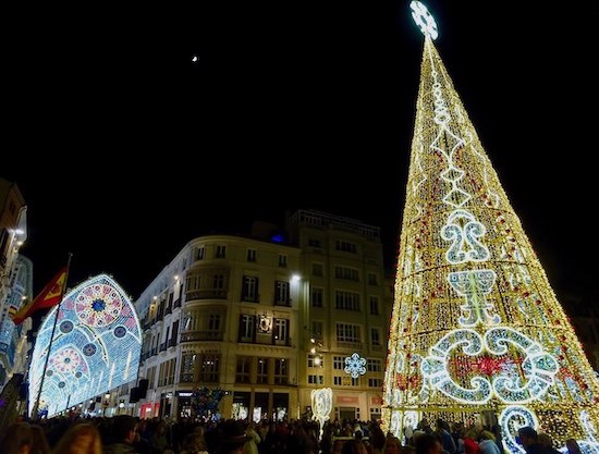 Christmas tree and christmas lights at Malaga, Plaza de la Constitution and calle larios