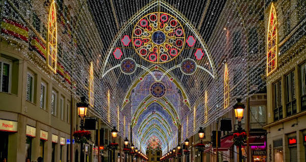 Malaga, Spain - December 24, 2017. Christmas light show in the centre of Malaga