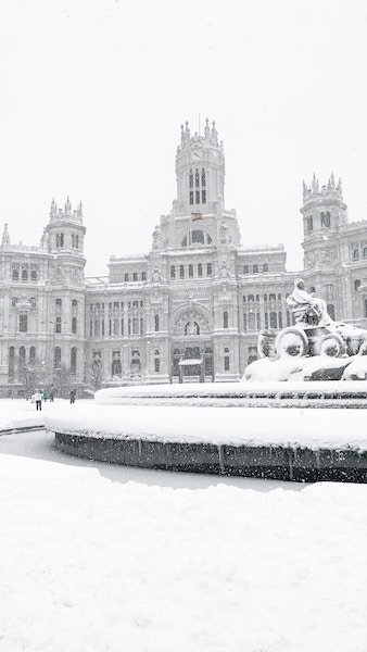 Plaza de Cibeles in Madrid, under snow