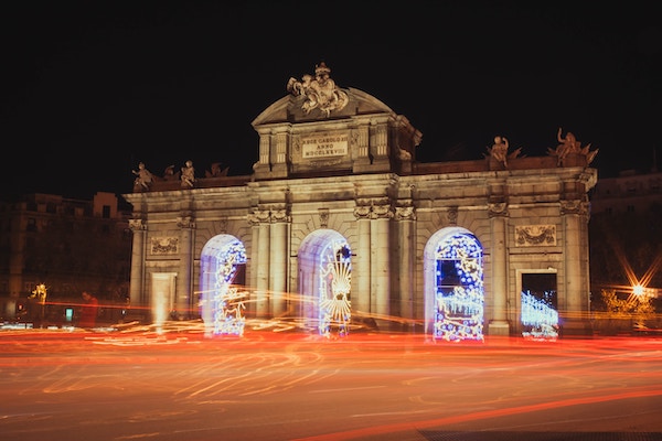 Christmas decorations at Madrid landmark, a night shot