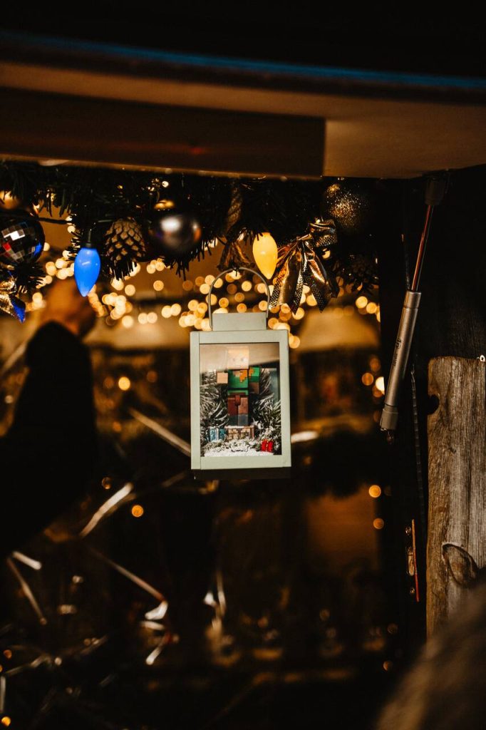 Decorations at the Christmas market during Christmas in Barcelona- white lantern