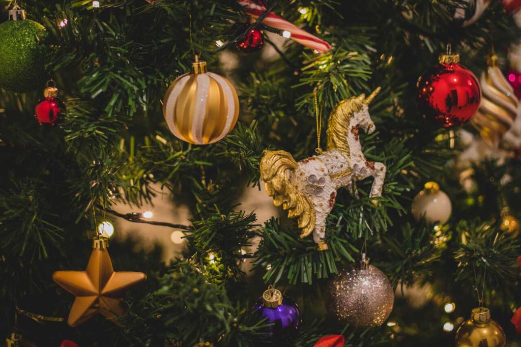 Christmas decorations on the Christmas tree - baubles and horses