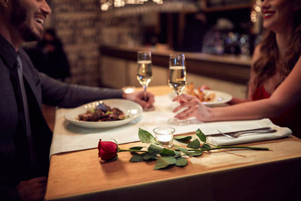 Couple having romantic dinner in restaurant on Valentines Day in Madrid 2024
