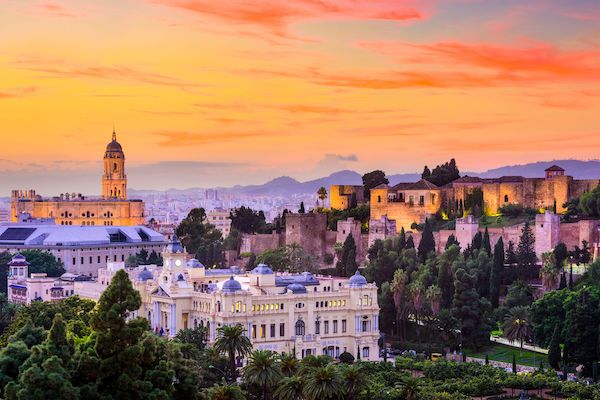 Malaga, Spain cityscape at the Cathedral, City Hall and Alcazaba citadel of Malaga.