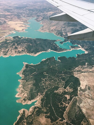View of la Matanza Ardales fair place from the plane: roads, mountains and water reservoir