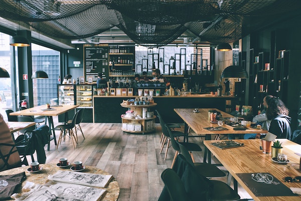 coffee shop interior with wooden desks