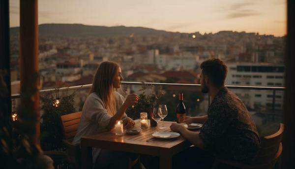 Couple Having Drinks at Rooftop Terrace on Valentines Day in Madrid 2024