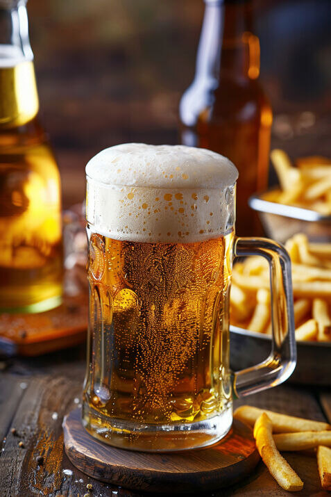 A large glass mug filled with golden Oktoberfest beer, topped with a frothy white head.