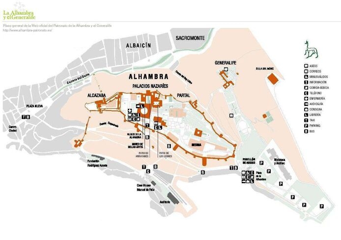 Map of the Alhambra complex in Granada, showing the layout of major structures and gardens.