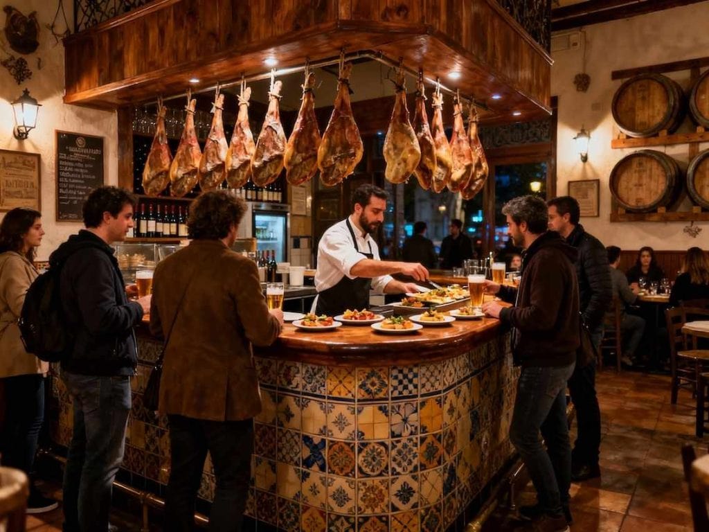 Cozy traditional Spanish tapas bar interior in Seville