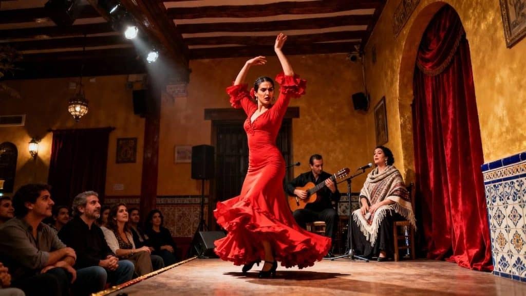 Passionate flamenco dancer in red dress
