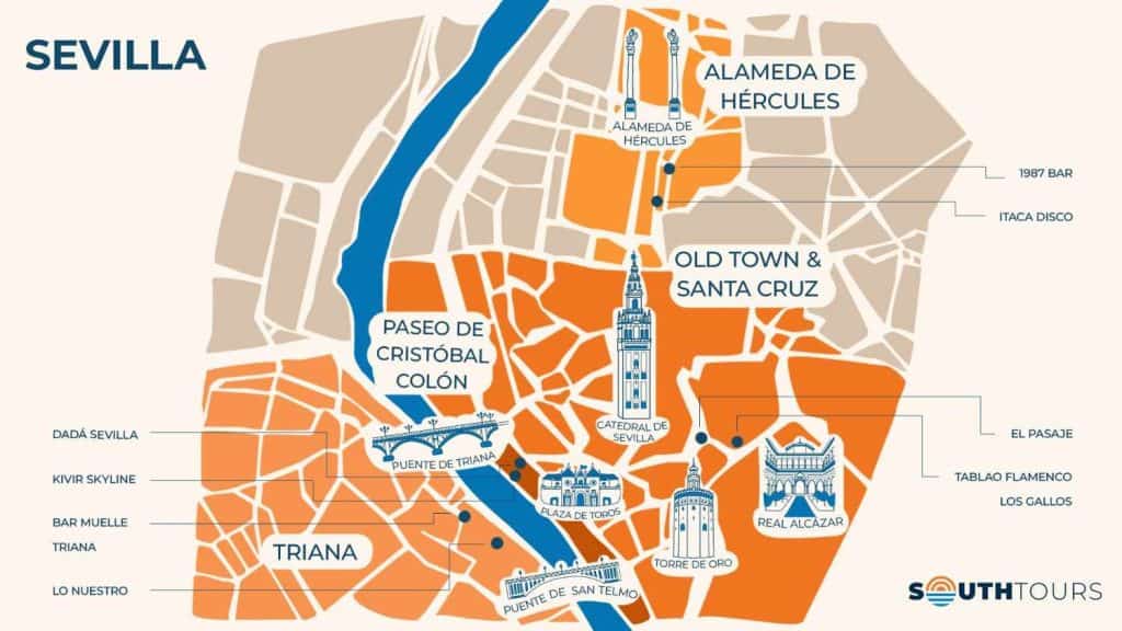 A map of Seville, marking the best areas for nighlife